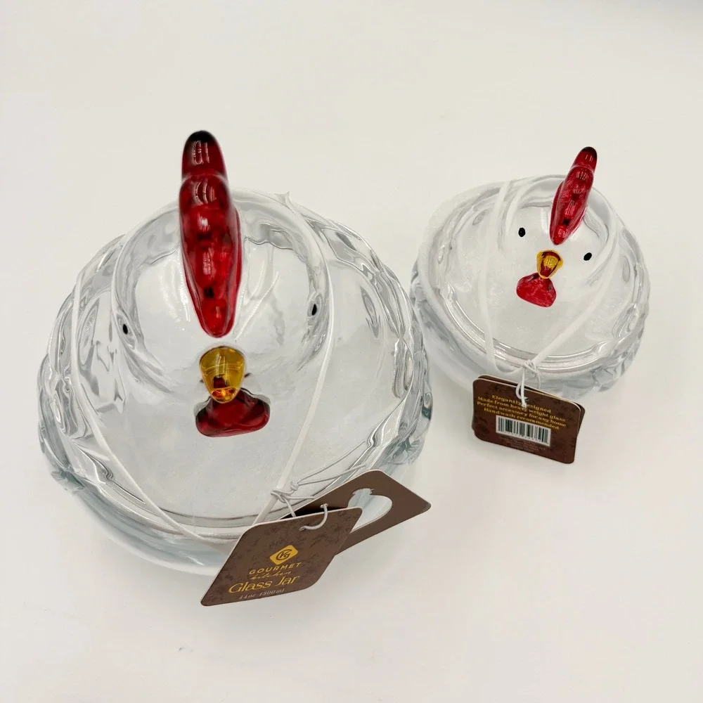 Gourmet Kitchen Glass Chicken Jar Set of 2 Clear Hen Canisters Farmhouse Decor